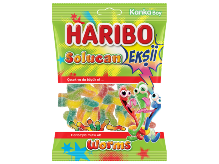 Haribo Worms ekşi solucan jelibon şeker 70 g paket – Haribo toptan jelibon ürünü